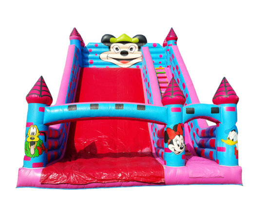 A colorful bouncy castle with multiple inflatable pillars, a slide, and a bounce area. Children are playing and jumping inside the castle, with smiling faces visible through the mesh windows. The castle is set up on a grassy lawn surrounded by trees and bushes on a sunny day.