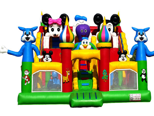 An inflatable bouncy castle with kids jumping and playing inside.