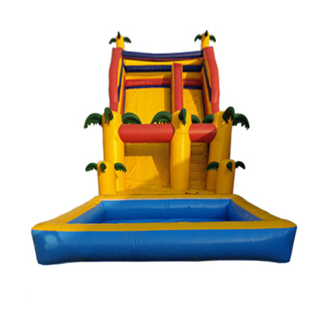 Rent our inflatable water slide for your next party or event, featuring a fun and colorful design and a twisting slide that ends in a splash pool.