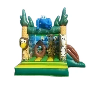 An inflatable bounce house designed to look like a zoo, with colorful animal decorations and a large bouncing area for children to play in