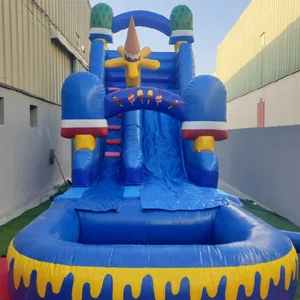 A large inflatable water slide with an ice cream theme, featuring colorful cones, scoops, and sprinkles. The slide is located in a water park in Dubai, where people can enjoy sliding and splashing under the sun.